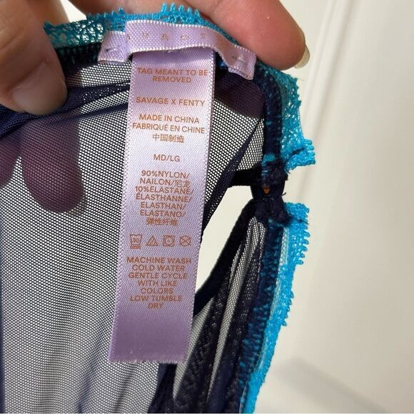 Savage X Fenty Navy Blue Mesh Lace Bow Romper Sz M-L Lingerie Baddie Glam Girly - Picture 6 of 6